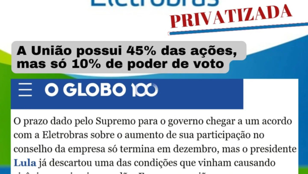 Na Eletrobras privatizada, a União possui 45% das ações, mas só 10% de poder de voto