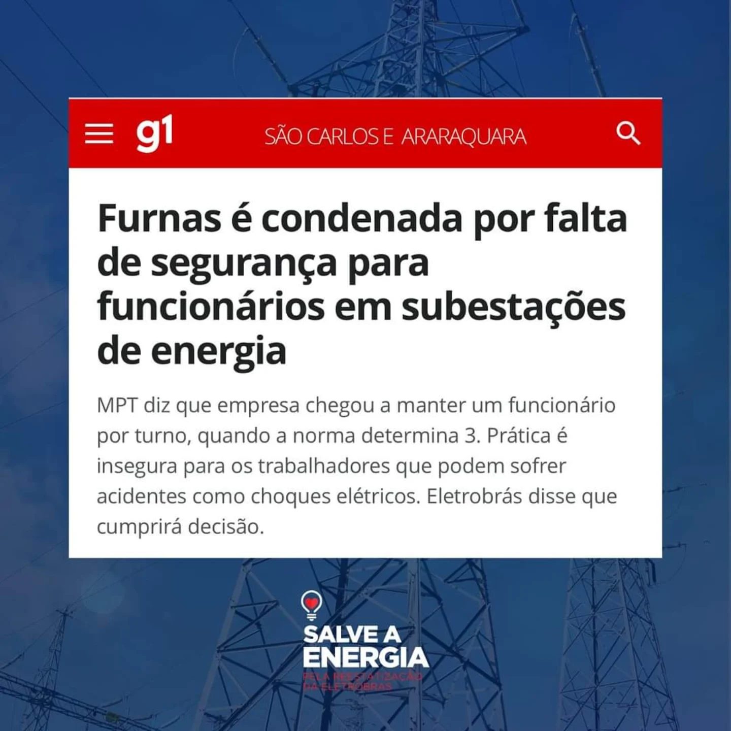 Furnas é condenada por falta de segurança para funcionários em subestações de energia